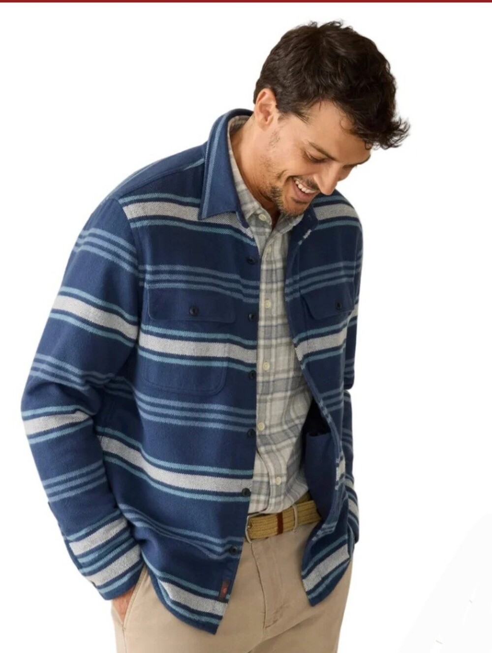 Faherty Wavebreaker Shirt Winter Summit Stripe Blue Men's XL Pockets LS